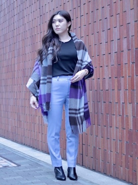 「Joshua Ellis（ジョシュアエリス）の一部別注＜Joshua Ellis（ジョシュア エリス）＞BLACKWATCH ストール†◆（ストール/ショール）」を使った、矢作（yahagi）さん（レディース・158cm）の秋コーディネート