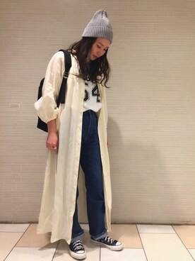 「BEAUTY&YOUTH UNITED ARROWS（ビューティーアンドユースユナイテッドアローズ）のBY ギャザースタンドカラー9分袖ワンピース（ワンピース、ホワイト系）」を使った、Mayu Kurodaさん（レディース・161cm）の春コーディネート