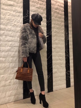 「ファーコート」｜「アイテム（キャスケット）」を使った、Nanamiさん（レディース・163cm）の冬コーディネート