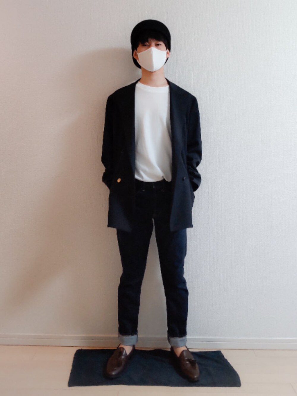 「春コーデ」｜「Rubenのフェルトベレーキャスケット（キャスケット、ブラック系）」を使った、AAaaさん（メンズ・168cm）の春コーディネートの1枚目の写真