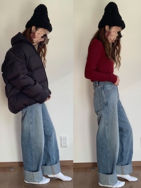 「UNIQLO（ユニクロ）のハイライズワイドストレートジーンズ（デニムパンツ）」を使った、yUuさん（レディース・149cm）の冬コーディネート