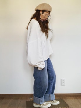 「UNIQLO（ユニクロ）のハイライズワイドストレートジーンズ（デニムパンツ）」を使った、yUuさん（レディース・149cm）の冬コーディネート