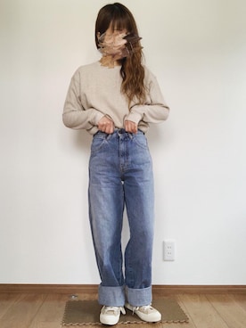 「UNIQLO（ユニクロ）のハイライズワイドストレートジーンズ（デニムパンツ）」を使った、yUuさん（レディース・149cm）の春コーディネート