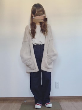 「UNIQLO（ユニクロ）のハイライズワイドストレートジーンズ（デニムパンツ）」を使った、yUuさん（レディース・149cm）の春コーディネート