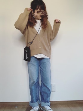 「UNIQLO（ユニクロ）のハイライズワイドストレートジーンズ（デニムパンツ）」を使った、yUuさん（レディース・149cm）の冬コーディネート