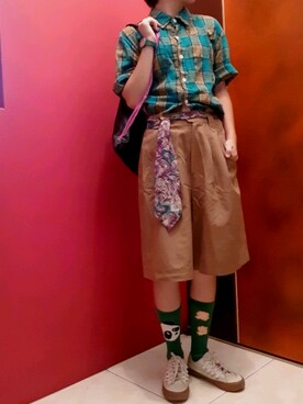 「アイテム（カーゴパンツ、イエロー系）」を使った、西瓜🍉さん（レディース・158cm）の夏コーディネート