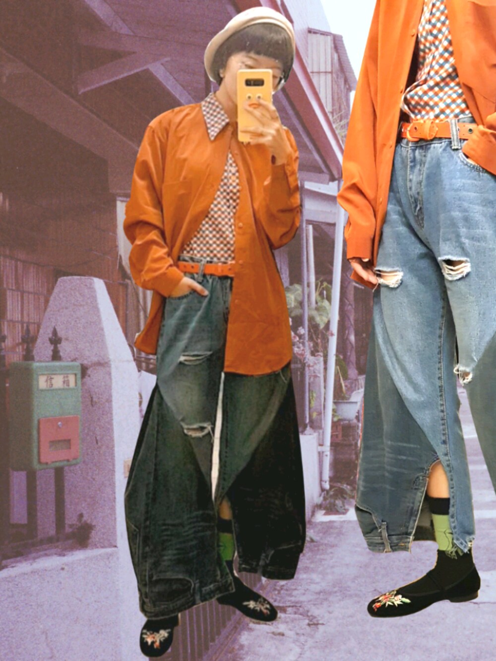 「改製、拼接褲、牛仔褲、ootd、vintage、jeans」｜「VINTAGEのアイテム（シャツ/ブラウス、オレンジ系）」を使った、西瓜🍉さん（レディース・158cm）の夏コーディネートの1枚目の写真