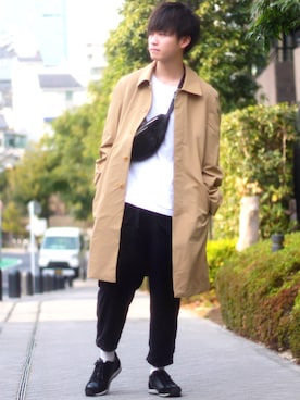 「アイテム（ステンカラーコート）」を使った、こめさん（メンズ・177cm・20代）の春コーディネート