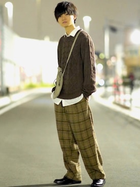 「MONO-MART（モノマート）のオーバーサイズアラン編みクルーネックケーブルニットセーター（ニット/セーター）」を使った、こめさん（メンズ・177cm）の秋コーディネート