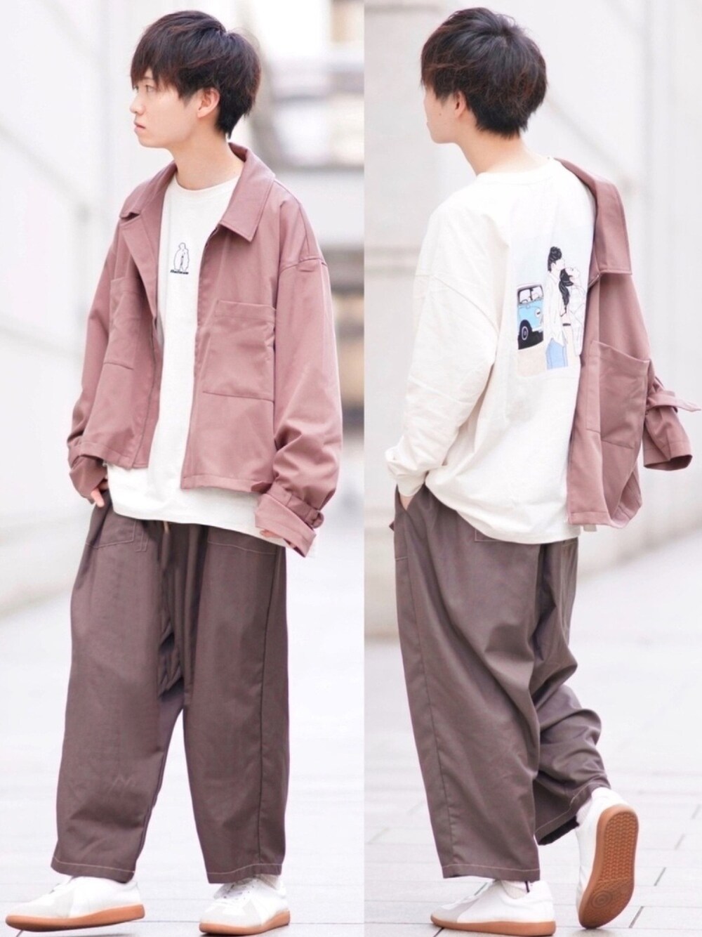 ブラウン系のその他アウター、ホワイト系のスニーカー、ブラウン系のその他パンツを着用したメンズの秋コーディネートの1枚目の写真