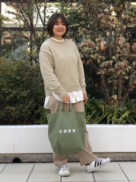 「coen（コーエン）のアイテム（スラックス）」を使った、くど さんさん（レディース・162cm）の冬コーディネート