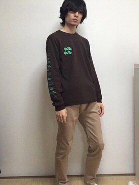 「CIAOPANIC（チャオパニック）のハンバーガー　ロンT（Tシャツ/カットソー、ブラウン系）」を使った、く⭐️まさん（メンズ・178cm）の秋コーディネート