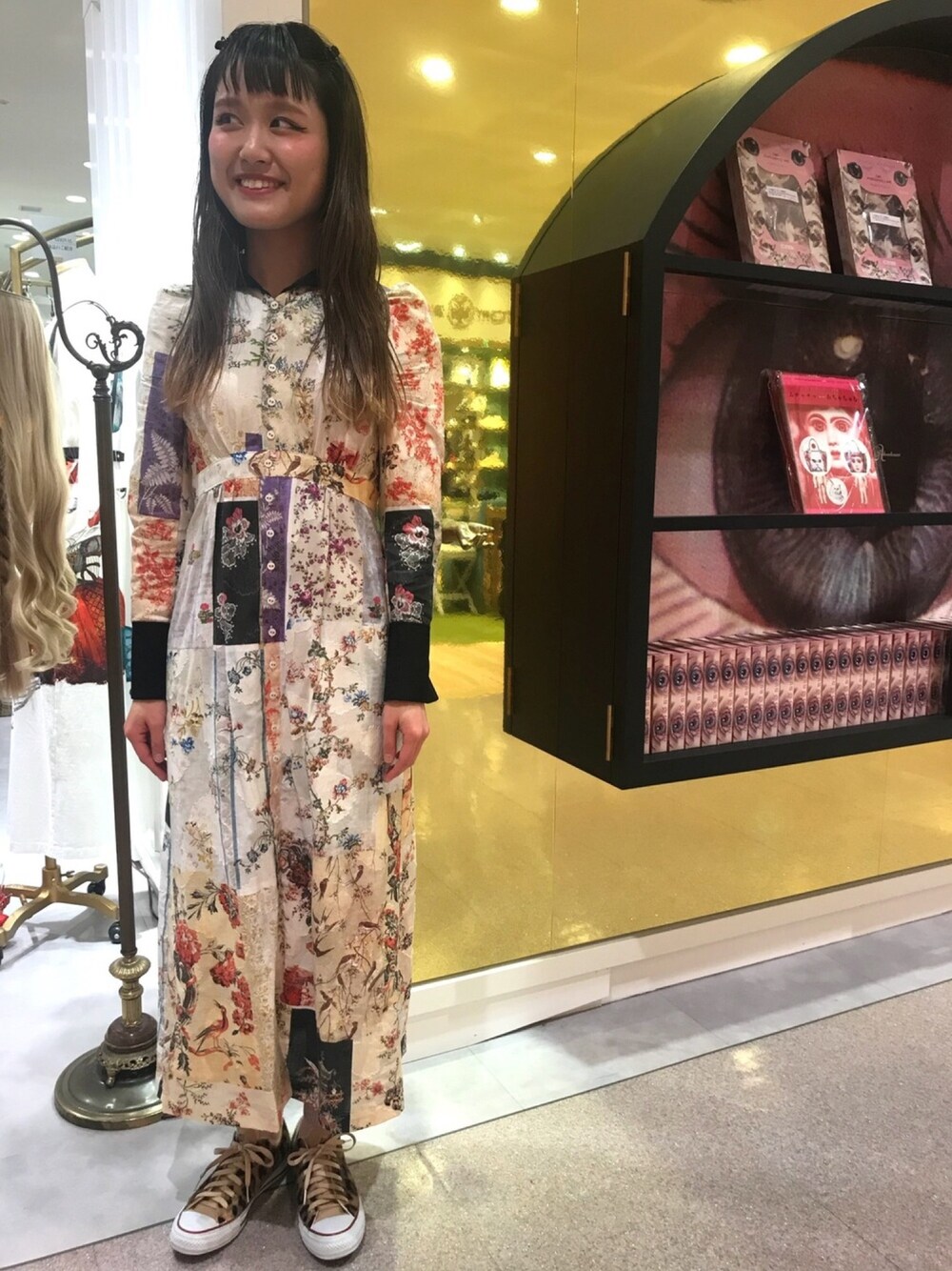 「あちゃちゅむ、あちゃちゅむムチャチャ(AHCAHCUM.muchacha)、春夏コーデ、ルクアイーレ、イセタンクローゼット、新作、ワンピース、セーラーワンピース、お花柄」｜「ahcahcumのラメリブ　ソックス（ソックス/靴下、ピンク系）」を使った、yukikoさん（レディース・164cm）の春コーディネートの1枚目の写真