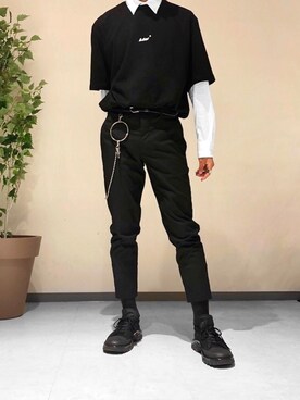 「ADER error（アーダーエラー）のアイテム（Tシャツ/カットソー、ブラック系）」を使った、yqmqt0_さん（メンズ・178cm）の夏コーディネート