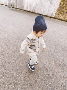 「カウチンセーター」｜「アイテム（ニットキャップ/ビーニー）」を使った、rericさん（キッズ・80cm）の冬コーディネート