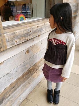 「BREEZE（ブリーズ）のビスチェ付きTシャツ（Tシャツ/カットソー、ホワイト系）」を使った、sora☆さん（キッズ・124cm）の春コーディネート