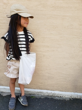 「CIAOPANIC TYPY（チャオパニックティピー）の【ママとおそろい】レースアップツイルキャップ（キャップ、ベージュ系）」を使った、sora☆さん（キッズ・124cm）の春コーディネート