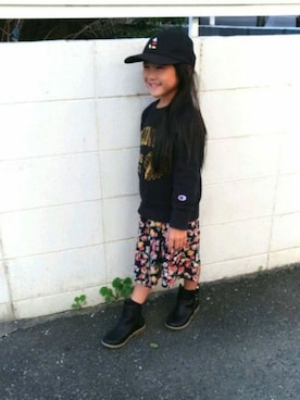 「CIAOPANIC TYPY（チャオパニックティピー）の花柄切替2WAYワンピース（ワンピース、ブラック系）」を使った、sora☆さん（キッズ・124cm）の秋コーディネート