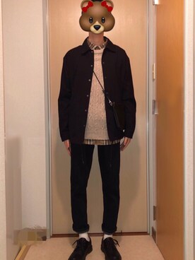 「HARE（ハレ）のJAPAN MADE ケーブルニットプルオーバー(HARE)（ニット/セーター、ベージュ系）」を使った、ユーキ☆ﾐさん（メンズ・168cm）の冬コーディネート