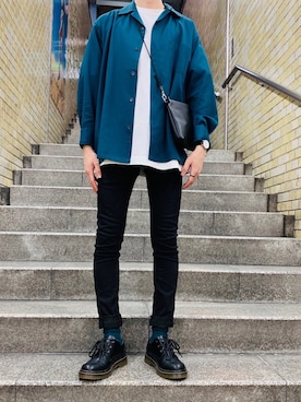 「LIDNM（リドム）のiSKOハイストレッチスキニー（デニムパンツ、ブラック系）」を使った、ユーキ☆ﾐさん（メンズ・168cm）の春コーディネート