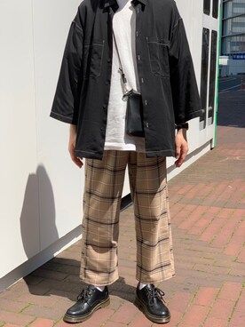 「RAGEBLUE（レイジブルー）のタータンチェックスラックス/828046（スラックス、ベージュ系）」を使った、ユーキ☆ﾐさん（メンズ・168cm）の春コーディネート