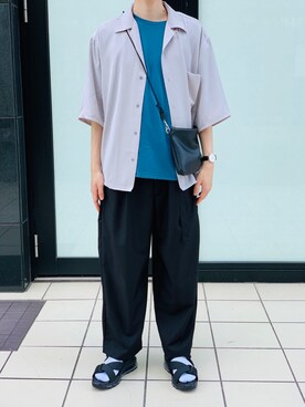 「WEGO（ウィゴー）のWEGO/ストレッチベルトワイドスラックス（スラックス、ブラック系）」を使った、ユーキ☆ﾐさん（メンズ・168cm）の夏コーディネート