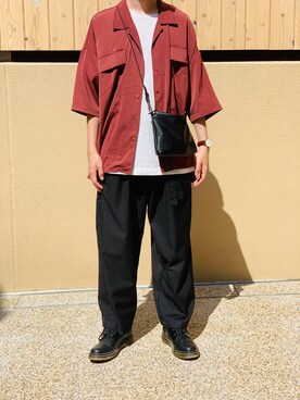 「INTER FACTORY（インターファクトリー）のファッションインフルエンサー ユウ × INTER FACTORY　Wフラップポケットビッグオープンカラーシャツ（シャツ/ブラウス、レッド系）」を使った、ユーキ☆ﾐさん（メンズ・168cm）の秋コーディネート