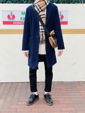 「WEGO（ウィゴー）のWEGO/メルトンチェスターコート（チェスターコート、ブルー系）」を使った、ユーキ☆ﾐさん（メンズ・168cm）の冬コーディネート