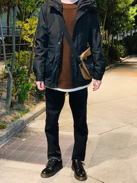 「GU（ジーユー）のアイテム（マウンテンパーカー、ブラック系）」を使った、ユーキ☆ﾐさん（メンズ・168cm）の冬コーディネート