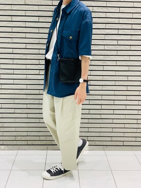 「SENSE OF PLACE by URBAN RESEARCH（センスオブプレイスバイアーバンリサーチ）のCPOシャツ(5分袖)（シャツ/ブラウス、ブルー系）」を使った、ユーキ☆ﾐさん（メンズ・168cm）の夏コーディネート