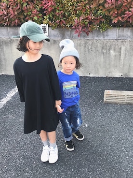 「アイテム（Tシャツ/カットソー、ブルー系）」を使った、バニージョイ☆さん（キッズ・120cm）の春コーディネート