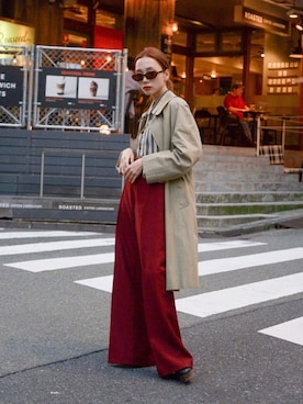 「ワインレッド」｜「アイテム（ステンカラーコート）」を使った、仲西さほみさん（レディース・156cm）の秋コーディネート