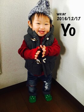 「RADCHAP（ラッドチャップ）のMIXニットキャップ（ニットキャップ/ビーニー、グレー系）」を使った、ゆかりちゃんさん（キッズ）の冬コーディネート