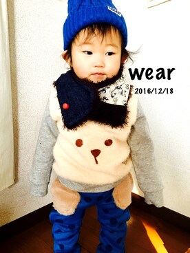 「RADCHAP（ラッドチャップ）のシンプルニットワッチ（ニットキャップ/ビーニー、ブルー系）」を使った、ゆかりちゃんさん（キッズ）の冬コーディネート