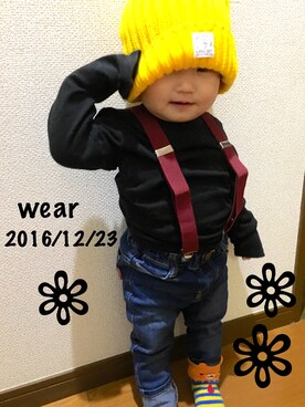 「ダイソーのアイテム（ニットキャップ/ビーニー、イエロー系）」を使った、ゆかりちゃんさん（キッズ）の冬コーディネート