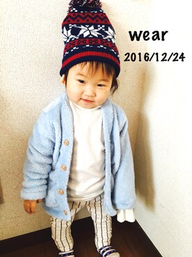 「ダイソーのアイテム（ニットキャップ/ビーニー、ブルー系）」を使った、ゆかりちゃんさん（キッズ）の冬コーディネート