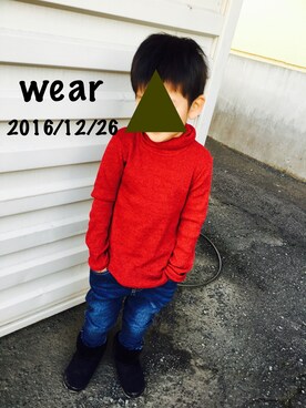 「RADCHAP（ラッドチャップ）のアイテム（ニット/セーター、レッド系）」を使った、ゆかりちゃんさん（キッズ）の冬コーディネート