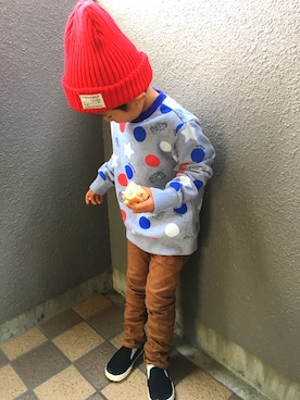 「Moujonjon（ムージョンジョン）のアイテム（スウェット）」を使った、ゆかりちゃんさん（キッズ・110cm）の冬コーディネート