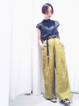 「Dot＆Stripes CHILD WOMAN（ドットアンドストライプス　チャイルドウーマン）の80ローン×クリンクル加工　レースピンタックフレンチスリーブブラウス（シャツ/ブラウス、ブラック系）」を使った、TSUNOさん（レディース・152cm）の春コーディネート