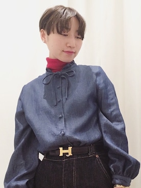 「Dot＆Stripes CHILD WOMAN（ドットアンドストライプス　チャイルドウーマン）のテンセルデニム  フリル付きボウタイ長袖ブラウス（シャツ/ブラウス、ブルー系）」を使った、TSUNOさん（レディース・152cm）の冬コーディネート