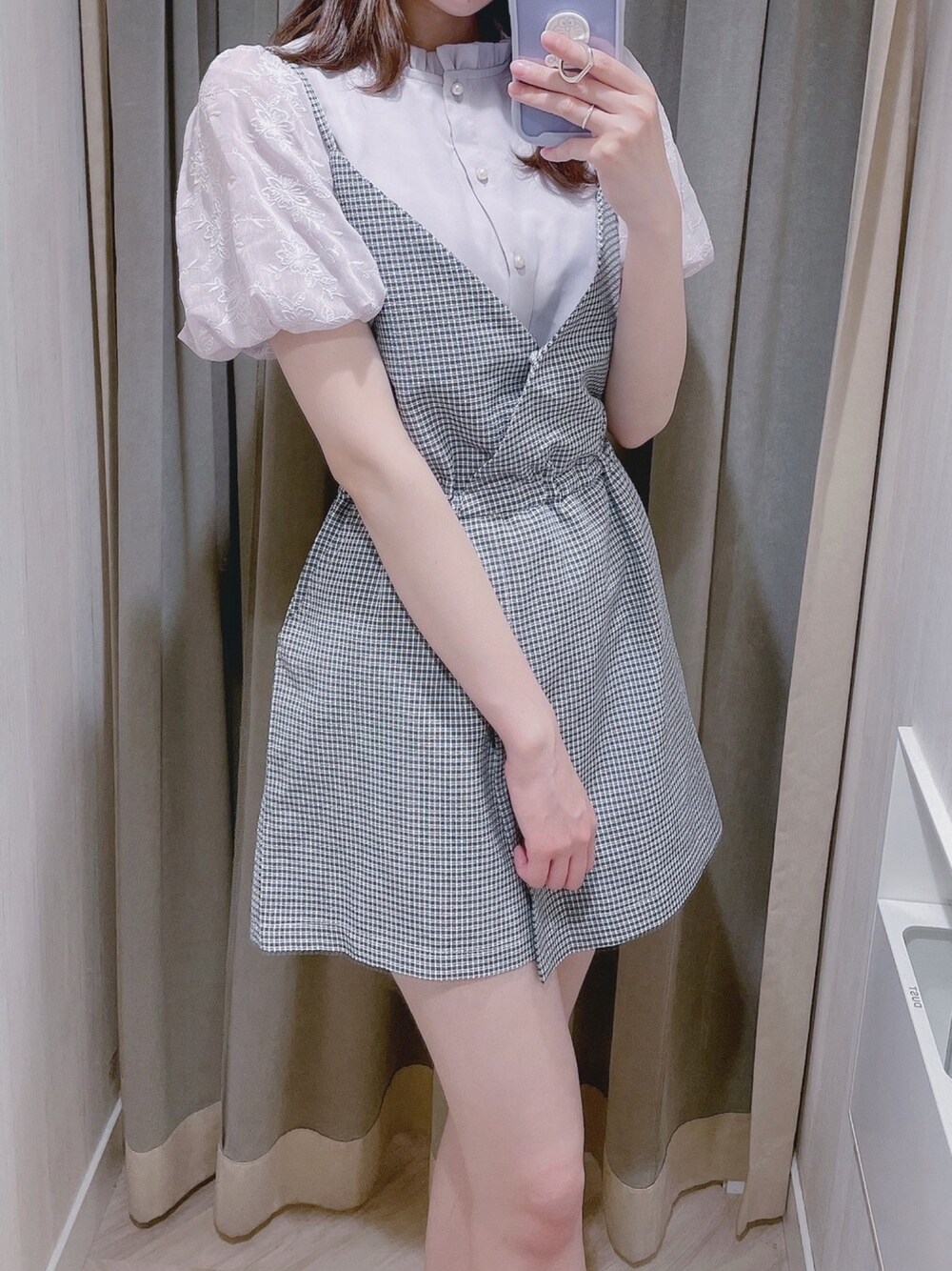 「titty&Co.、ティティーアンドコー、刺繍、ブラウス、パープル、パフスリーブ、着回しコーデ、パステルカラー、韓国ファッション、おしゃれさんと繋がりたい」｜「TITTY&CO.のフラワースリーブブラウス（シャツ/ブラウス、パープル系）」を使った、momo☁️さん（レディース・168cm）の夏コーディネートの1枚目の写真