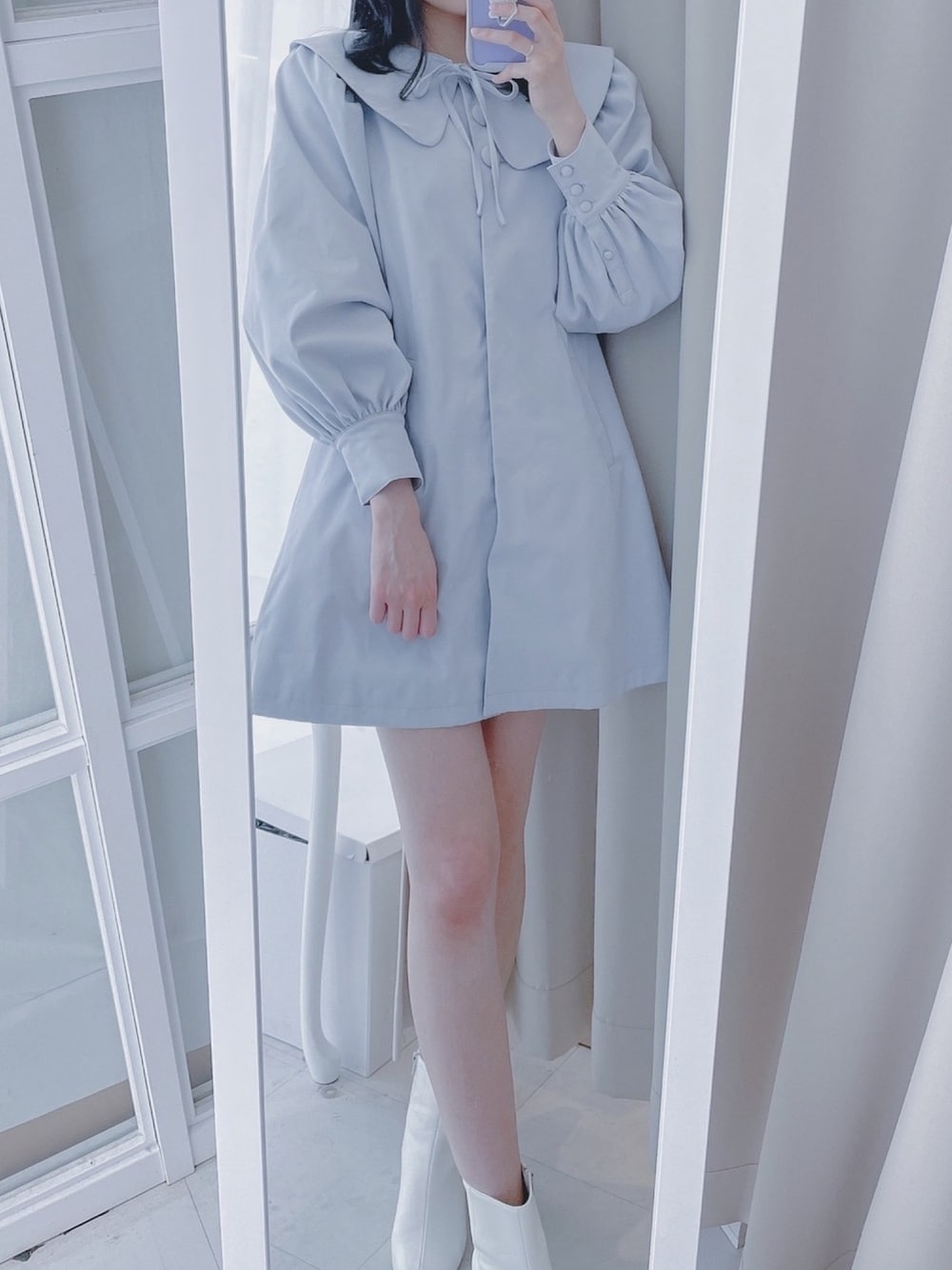 「titty&Co.、ティティーアンドコー、ブルー、淡色コーデ、Aライン、２ＷＡＹ、コート、アウター、ノーカラーコート、おしゃれさんと繋がりたい」｜「TITTY&CO.の2WAY Aラインコート（その他アウター、ブルー系）」を使った、momo☁️さん（レディース・168cm）の秋コーディネートの1枚目の写真