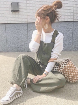 「ワッフルクルーネックＴ」｜「アイテム（オールインワン・サロペット）」を使った、ycmさん（レディース・160cm）の春コーディネート