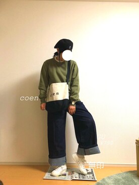 「GU（ジーユー）のアイテム（スウェット、グリーン系）」を使った、ちんとんてん。さん（レディース）の秋コーディネート