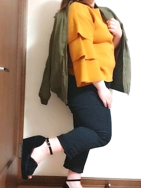 「バンダナ」｜「アイテム（MA-1）」を使った、めいこさん（レディース・160cm）の秋コーディネート