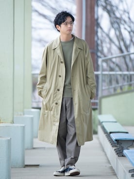 「サマーニット」｜「アイテム（ステンカラーコート）」を使った、talow/タローさん（メンズ・176cm）の冬コーディネート