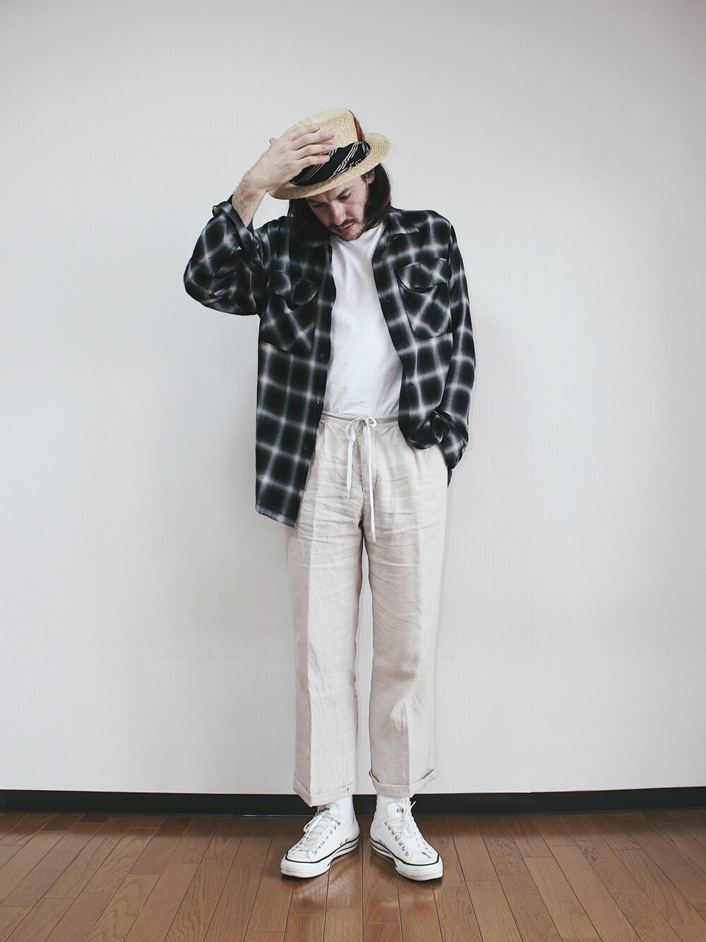 「STYLE、HERITAGE、converse、thehwdogandco、NITEKLUB、hat、boaterhat、FULLCOUNT、vintage、summer」｜「THE H.W. DOG & CO. のアイテム（ハット、ベージュ系）」を使った、Pathieu Meladanさん（メンズ・179cm）の夏コーディネートの1枚目の写真