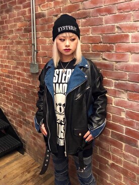 「パンクコーデ」｜「アイテム（ライダースジャケット）」を使った、aykさん（レディース・157cm）の冬コーディネート