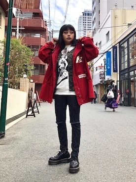 「アイテム（ミリタリージャケット、レッド系）」を使った、aykさん（レディース・157cm）の冬コーディネート