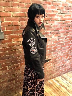 「コラボレーション」｜「アイテム（ライダースジャケット）」を使った、aykさん（レディース・157cm）の冬コーディネート